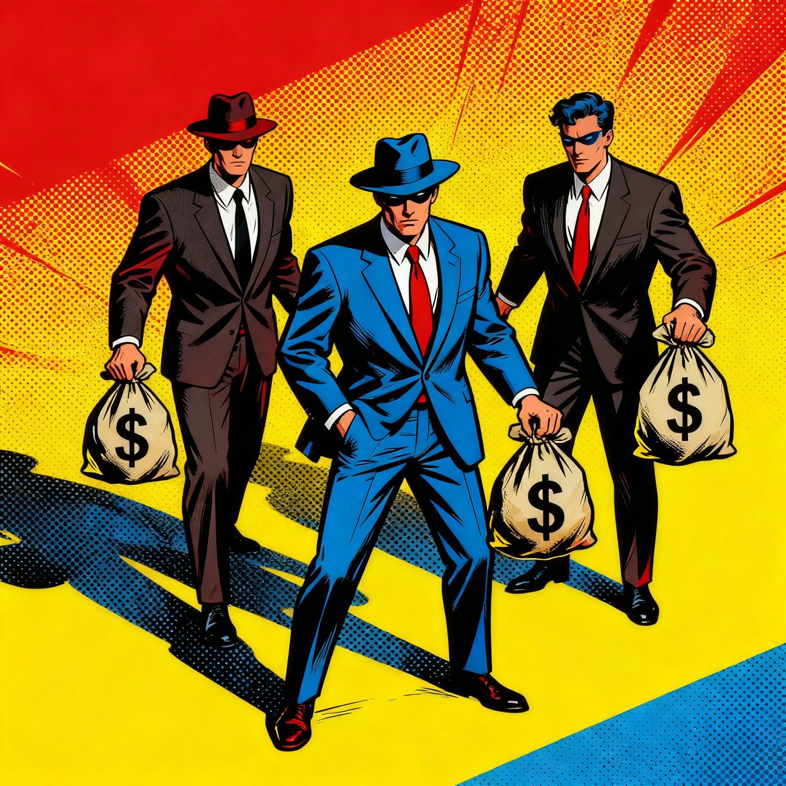 Illustration pop art des fondateurs d'OmegaPro, les escrocs en costume