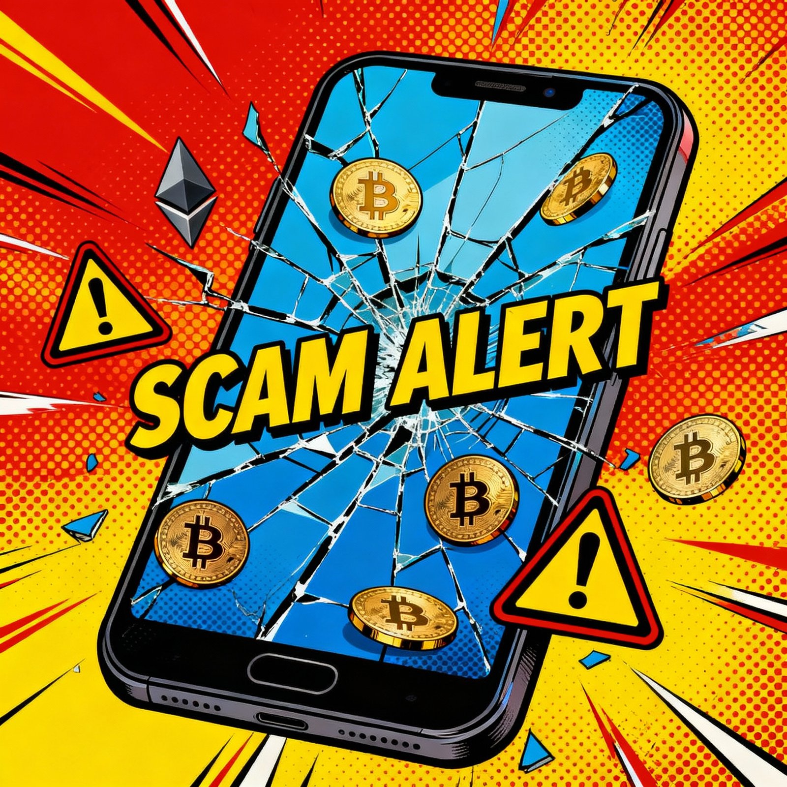 Illustration pop art des signaux d'alerte pour éviter les arnaques crypto