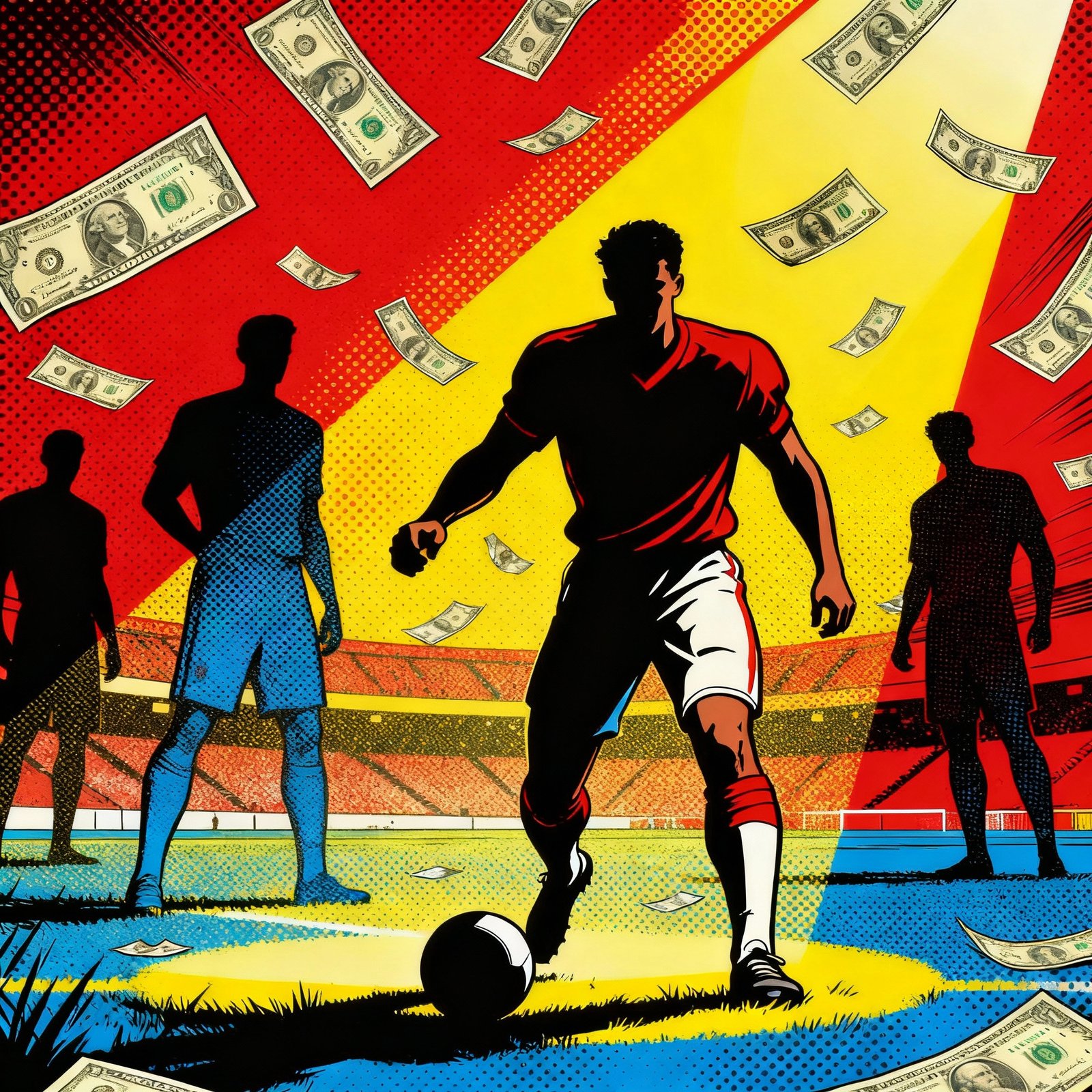 Illustration pop art des footballeurs impliqués dans la promotion d'OmegaPro