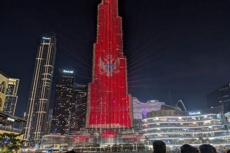 Burj Khalifa illuminated with Montenegro's flag during a special event in Dubai