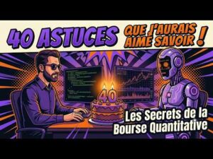 Un homme barbu et un robot assis devant des ordinateurs avec un gâteau d'anniversaire portant le chiffre 40