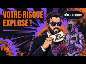 Illustration style pop art montrant un homme en costume et lunettes de soleil aux côtés d'un robot, sur fond violet et orange, avec le texte Votre risque explose