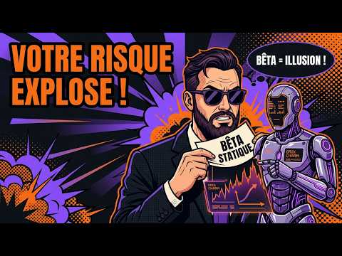 Illustration style pop art montrant un homme en costume et lunettes de soleil aux côtés d'un robot, sur fond violet et orange, avec le texte Votre risque explose