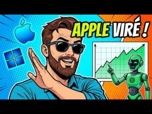 Illustration style d'un homme barbu souriant rejetant le logo d'Apple, avec le texte Apple viré