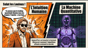 Illustration BD comparant l'intuition humaine face à un robot représentant la machine quantitative