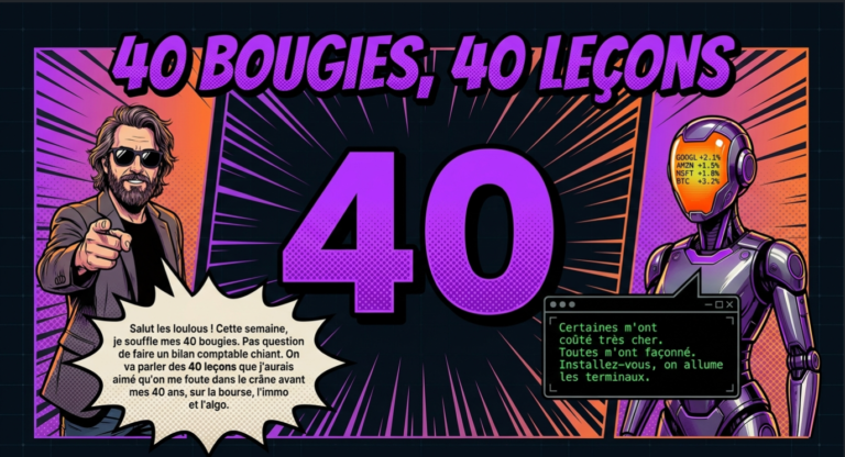 Bande dessinée affichant le titre 40 bougies, 40 leçons avec un homme barbu et un robot