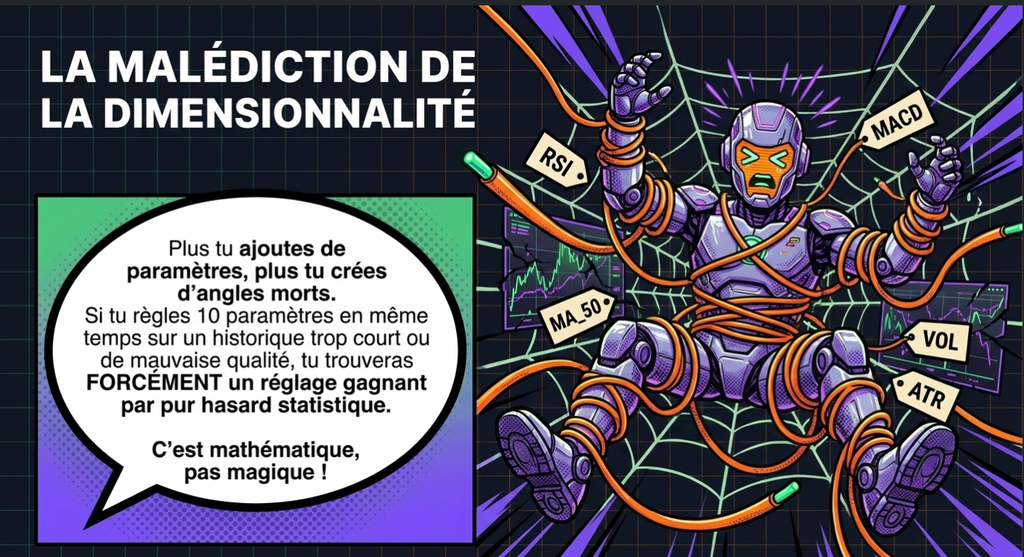 Illustration sur la malédiction de la dimensionnalité montrant un robot piégé par des câbles d'indicateurs financiers