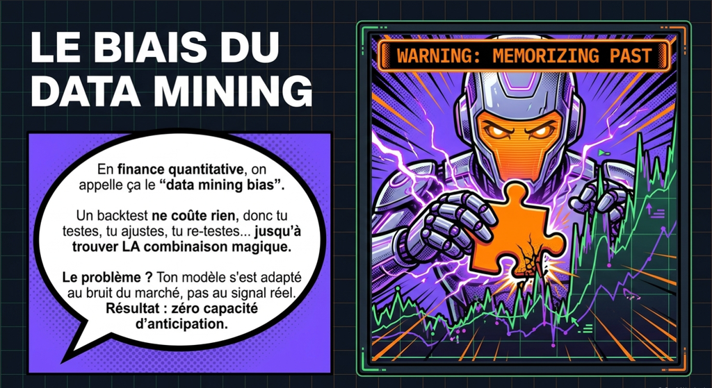 Illustration sur le biais du data mining en finance quantitative, montrant un robot assemblant un puzzle boursier