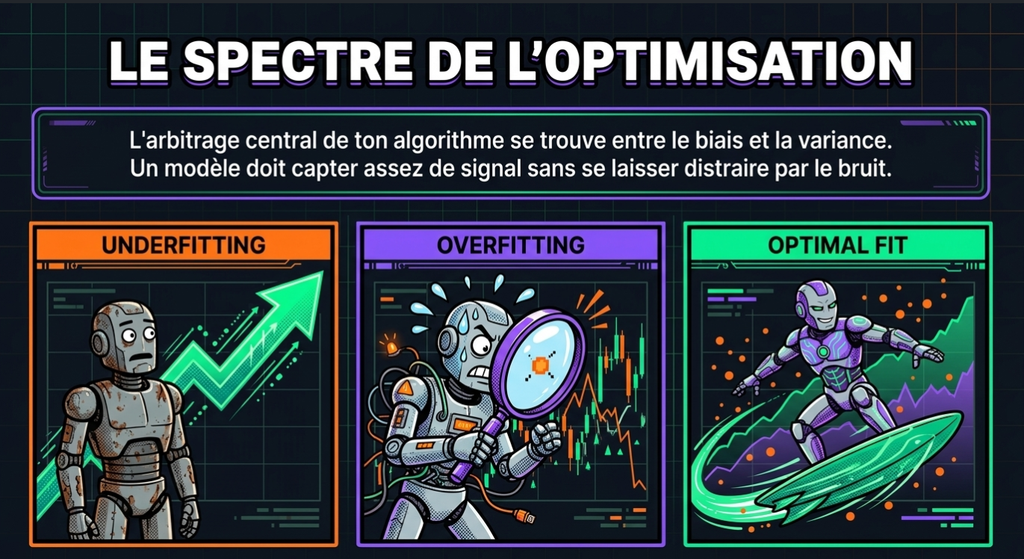 Schéma illustrant le spectre de l'optimisation : sous-apprentissage, sur-apprentissage et ajustement optimal