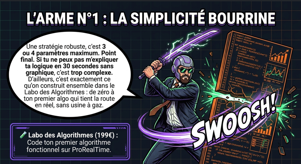 Illustration sur la simplicité en trading, avec un personnage en costume brandissant un sabre laser violet et tranchant du code