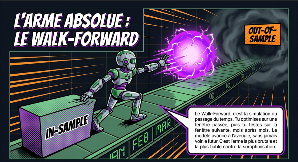 Un robot pousse un bloc « In-Sample » sur un tapis roulant et projette une sphère d'énergie violette vers une zone « Out-of-Sample »