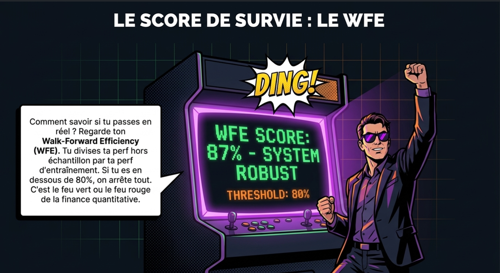 Illustration expliquant le score WFE (Walk-Forward Efficiency) en finance quantitative avec un score de 87% affiché sur une borne d'arcade