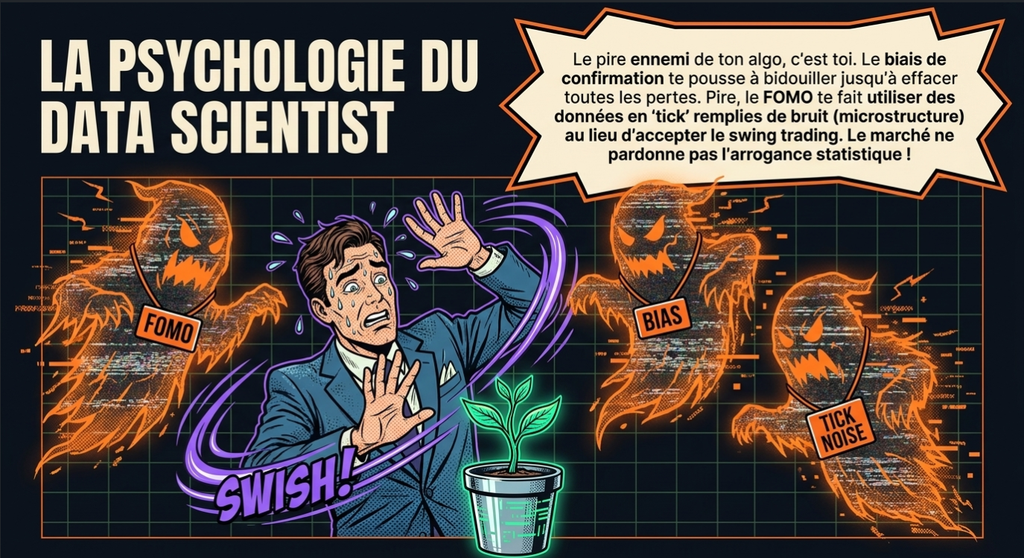 Illustration humoristique sur la psychologie du data scientist et les biais comportementaux en trading algorithmique
