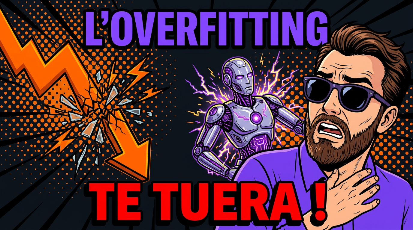 Illustration style BD montrant un homme effrayé, un robot et le texte L'OVERFITTING TE TUERA ! avec une flèche orange descendante