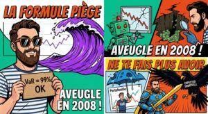 Bande dessinée en trois panneaux illustrant les limites de la VaR par rapport à l'Expected Shortfall en finance