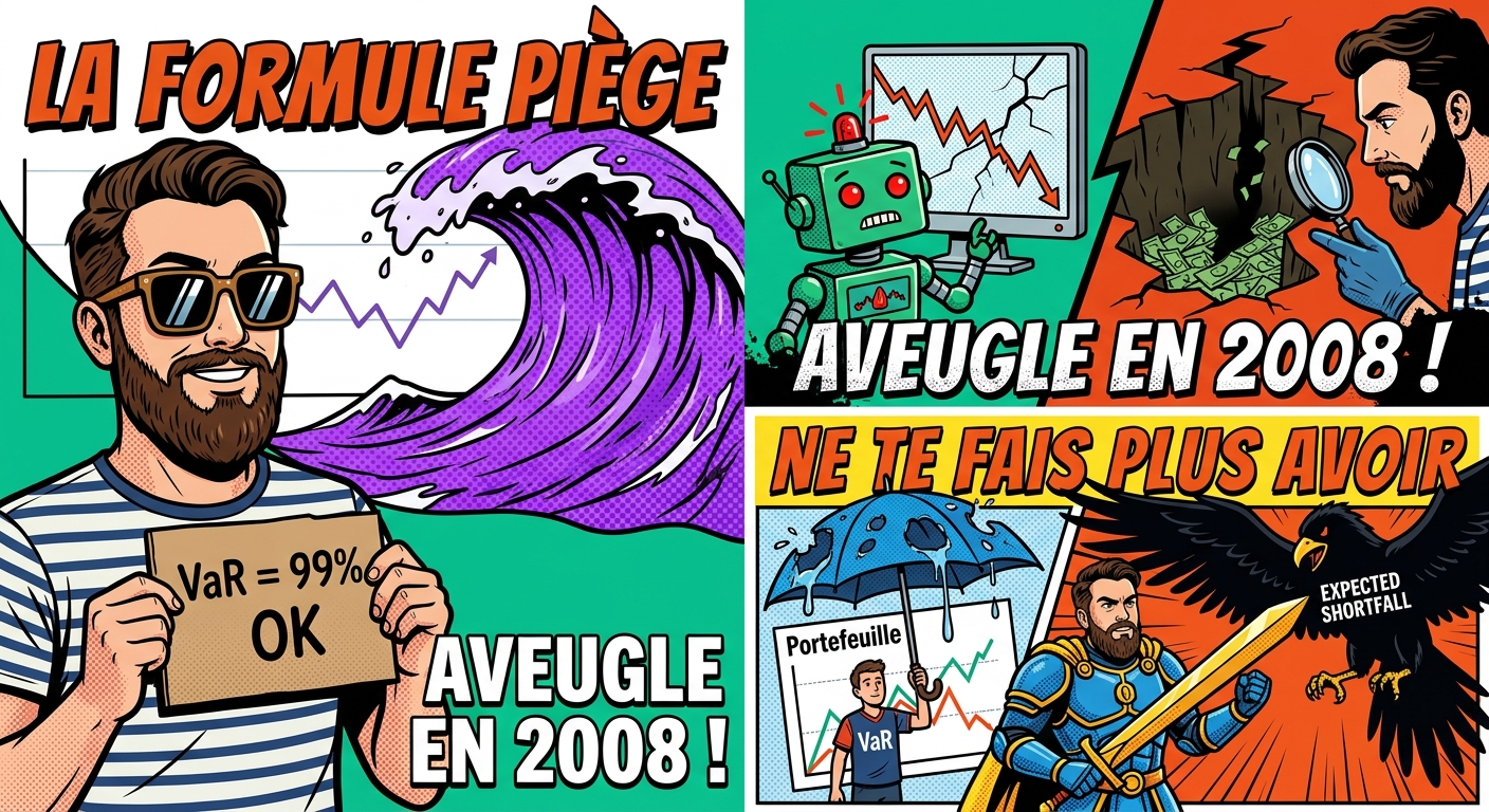 Bande dessinée en trois panneaux illustrant les limites de la VaR par rapport à l'Expected Shortfall en finance