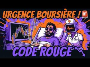 Un homme paniqué dans un lit d'hôpital est veillé par un robot infirmier, avec des graphiques boursiers et les textes Urgence boursière ! Code rouge