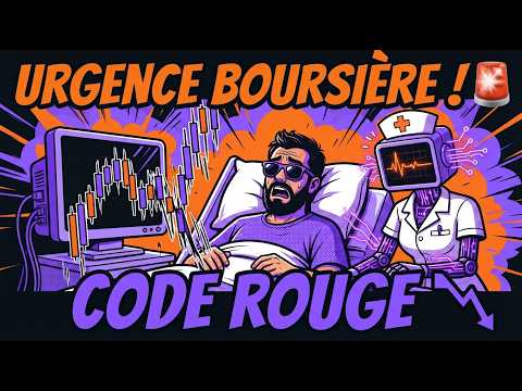 Un homme paniqué dans un lit d'hôpital est veillé par un robot infirmier, avec des graphiques boursiers et les textes Urgence boursière ! Code rouge