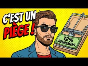 Illustration style pop art d'un homme à lunettes devant une souricière contenant un billet de 12 % de rendement, avec le texte : « C'est un piège ! »