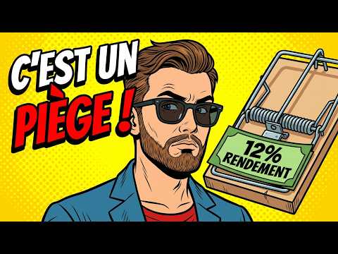 Illustration style pop art d'un homme à lunettes devant une souricière contenant un billet de 12 % de rendement, avec le texte : « C'est un piège ! »