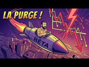 Illustration d'un homme pilotant une fusée étiquetée Bêta volant au-dessus d'une ville, avec le texte LA PURGE !