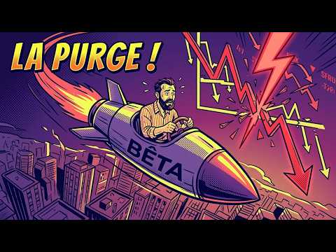 Illustration d'un homme pilotant une fusée étiquetée Bêta volant au-dessus d'une ville, avec le texte LA PURGE !