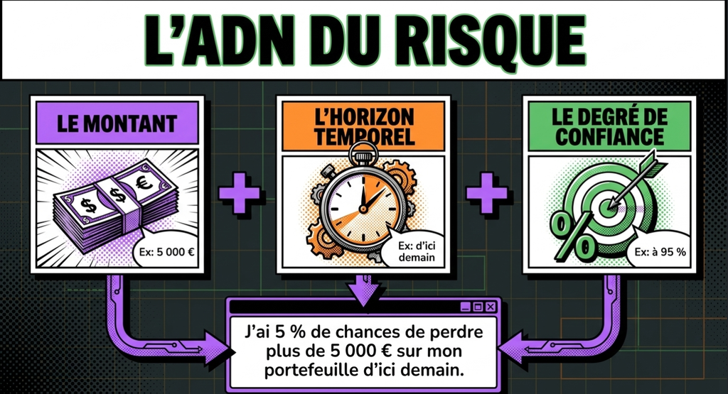 Infographie intitulée L'ADN du risque illustrant la combinaison du montant, de l'horizon temporel et du degré de confiance