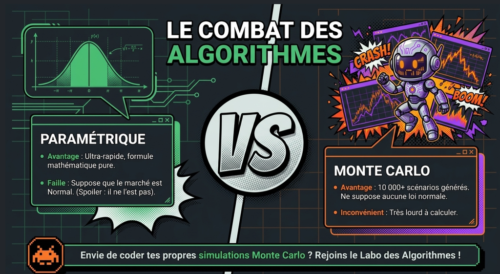 Comparaison entre l'algorithme paramétrique, rapide mais basé sur des hypothèses, et l'algorithme Monte Carlo, plus lourd mais sans hypothèse