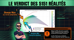 Graphique de Markowitz montrant la frontière efficiente, le ratio Sharpe Max et la Variance Min