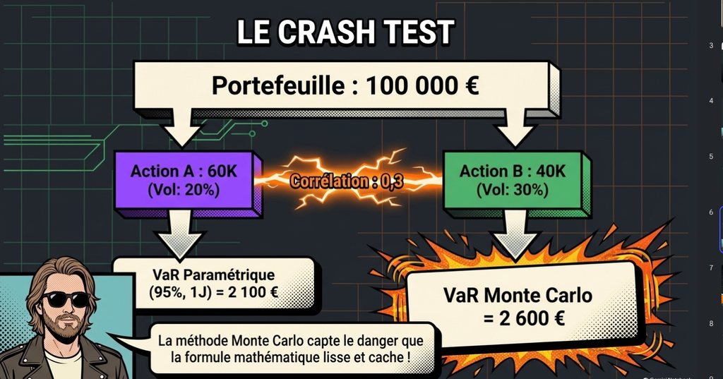 Schéma comparant la VaR paramétrique (2 100 €) et la VaR Monte Carlo (2 600 €) pour un portefeuille de 100 000 €