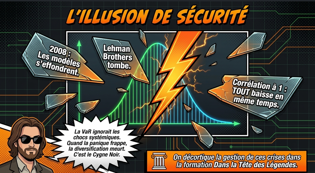 Illustration sur l'illusion de sécurité financière montrant un graphique brisé par un éclair, avec des fragments textuels sur les crises
