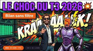 Miniature de vidéo intitulée « Le choc du T3 2026 : Bilan sans filtre », montrant un homme en costume pointant du doigt et un robot stupéfait devant des écrans de contrôle