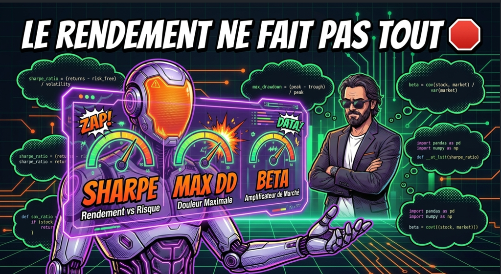 Illustration montrant un robot et un homme d'affaires avec des graphiques de métriques financières et le titre : Le rendement ne fait pas tout