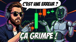 Un homme avec des lunettes de soleil et un casque audio pointe un graphique boursier du doigt en demandant « C'est une erreur ? », tandis qu'un robot perplexe répond « Ça grimpe ! »