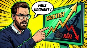 Un homme barbu désigne un graphique sur écran montrant un faux gagnant avec un backtest positif et un résultat réel en baisse
