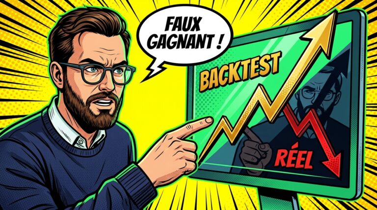 Un homme barbu désigne un graphique sur écran montrant un faux gagnant avec un backtest positif et un résultat réel en baisse