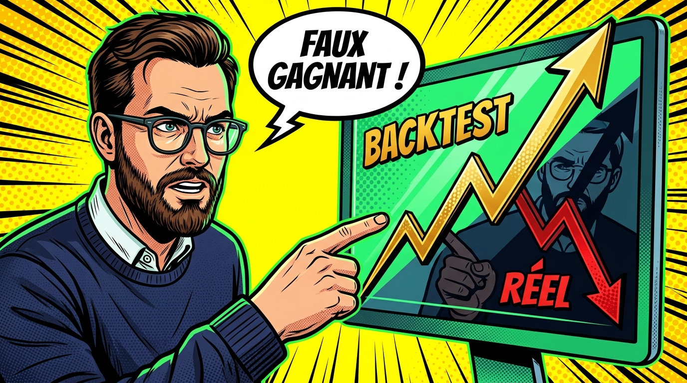 Un homme barbu désigne un graphique sur écran montrant un faux gagnant avec un backtest positif et un résultat réel en baisse