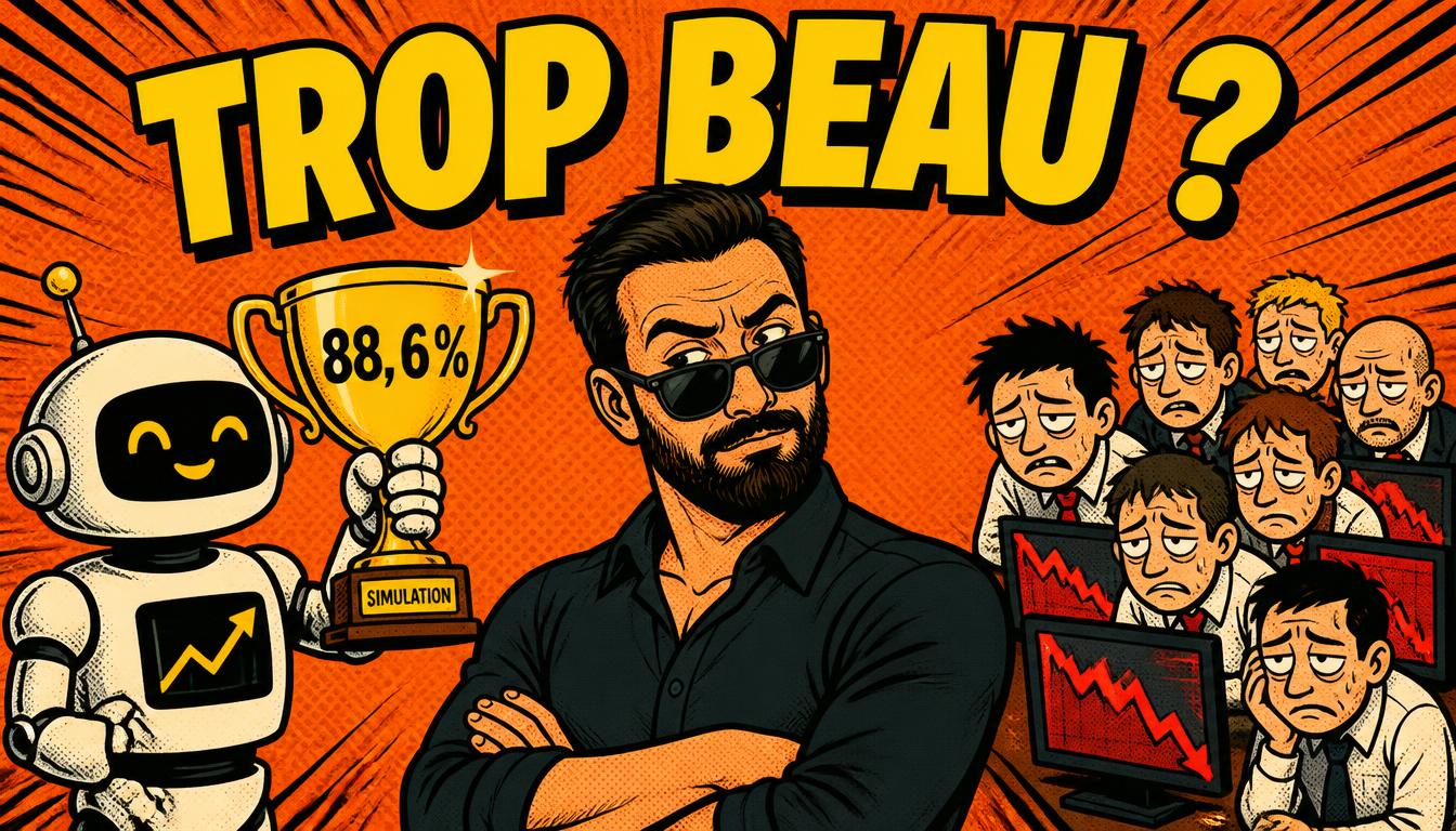 Illustration au style bande dessinée avec le texte « TROP BEAU ? », montrant un robot souriant tenant un trophée de simulation boursière à 88,6 %, aux côtés d'un homme confiant et de traders inquiets face à des courbes rouges en baisse