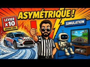 Un arbitre en tenue rayée brandit un carton rouge entre une voiture de rallye et un robot jouant à un jeu de course