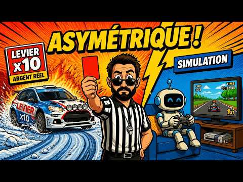 Un arbitre en tenue rayée brandit un carton rouge entre une voiture de rallye et un robot jouant à un jeu de course