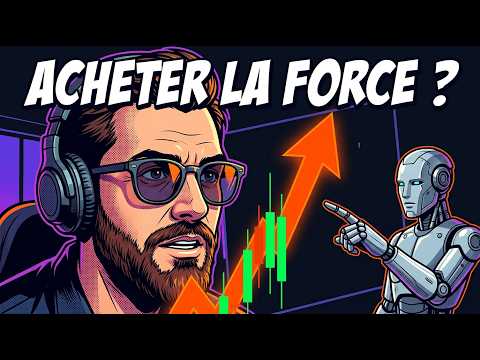 Un homme barbu avec un casque regarde une flèche verte ascendante et un robot qui pointe du doigt, sous le texte "ACHETER LA FORCE ?