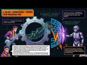 Schéma explicatif d'un algorithme de trading Donchian et Speed sur le Nasdaq 100 avec des graphiques et du code Python