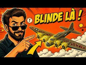 Un homme avec des lunettes de soleil pointe du doigt un bombardier en vol