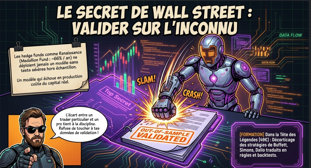 Infographie sur le trading montrant un robot frappant un dossier top secret validé, avec des graphiques financiers et des conseils