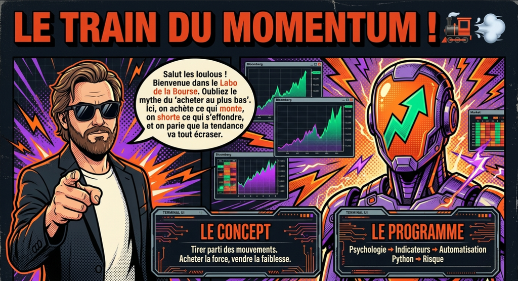 Bannière Le Train du Momentum avec un trader, des graphiques boursiers et un robot, introduisant une formation en bourse