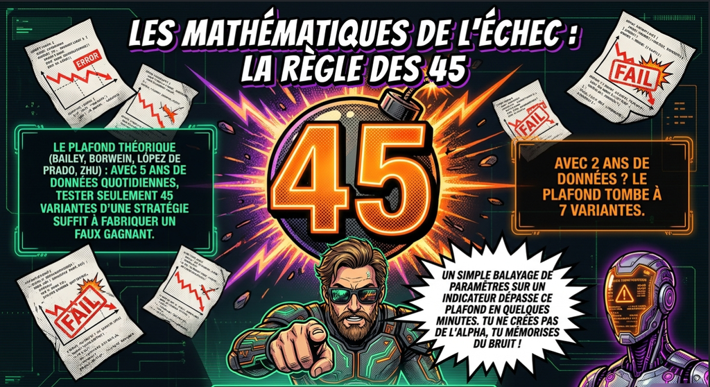 Infographie intitulée Les mathématiques de l'échec : la règle des 45, illustrant le surapprentissage en trading quantitatif