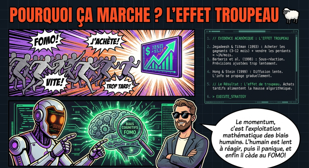 Infographie illustrant l'effet de troupeau et le FOMO en trading à travers des références académiques et des schémas