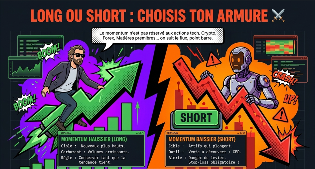 Illustration comparant le trading long (haussier avec un trader sur une fusée) et le trading short (baissier avec un robot)
