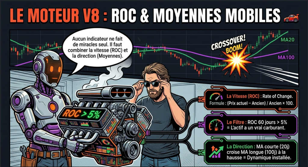 Infographie comparant le trading à un moteur V8 combinant l'indicateur ROC (vitesse) et les moyennes mobiles (direction)