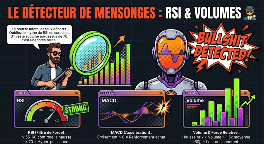 Infographie sur le RSI et les volumes, avec des graphiques de trading et des conseils sur les indicateurs techniques